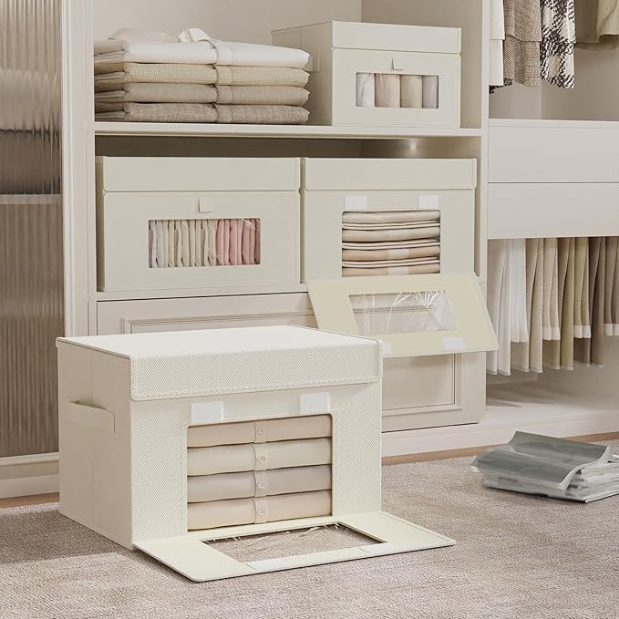 Storage Bins with Lids, Cube Organizer Basket with Window, Closet Boxes with Carrying 2 Handles and Sturdy PP Support Plate, 2 Pack, Beige, 10.2 x 7.9 x 6.7 In, XSNY17BES-2