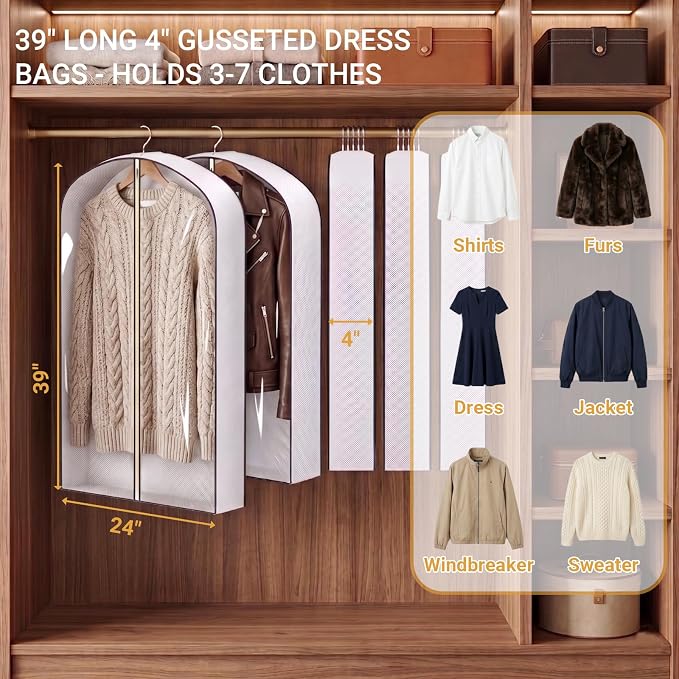 39" Clear Garment Bags for Hanging Clothes,4" Gusseted Suit Bags for Closet Storage Non-woven Back,Hanging Clothes Storage Suit Cover Bags with Zipper for Coats,Jackets,Shirts