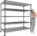 5 Tier Metel Shelving with Wheels, Garage Storage Shelves Heavy Duty Rack Load 3300LBS, Ajustable Black Wire Shelving Unit, for Home Garage Basement, Easy Assembly, 59" W X 24" D X 82" H