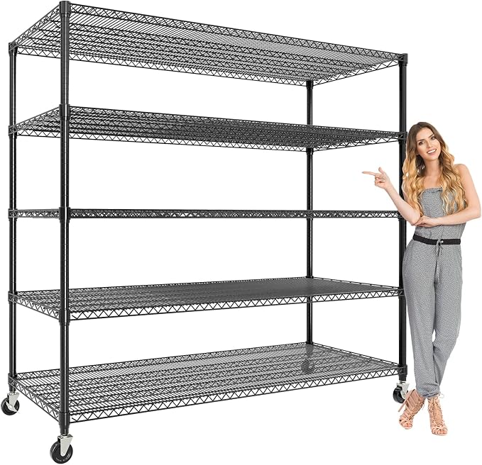 5 Tier Metel Shelving with Wheels, Garage Storage Shelves Heavy Duty Rack Load 3300LBS, Ajustable Black Wire Shelving Unit, for Home Garage Basement, Easy Assembly, 59" W X 24" D X 82" H