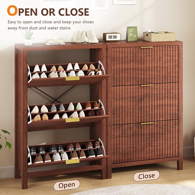 YOMILUVE Shoe Cabinet Storage for Entryway, Fluted Shoe Cabinet with 3 Flip Drawers, Hidden Shoe Rack Tall Freestanding Shoe Organizer with Legs for Hallway, Walnut