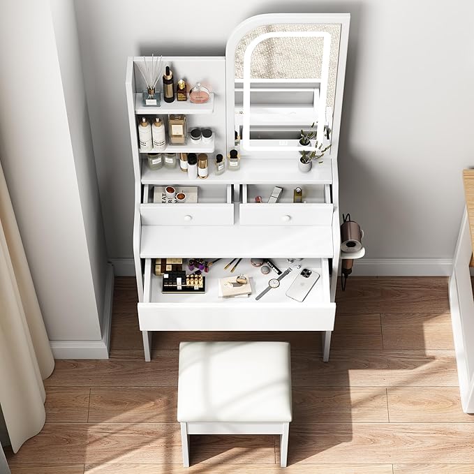 Small Makeup Vanity Desk with Mirror and Lights, Vanity Table Set with Storage Drawer & Open Shelves, 3 Lighting Colors, Adjustable Brightness White Makeup Vanity with Stool (Style A)