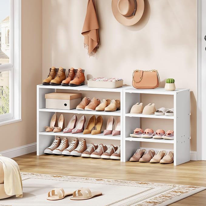Hoctieon 3-Tier Expandable Shoe Shelf, Adjustable Shoe Shelf Storage Organizer, Stackable Iron Wood Combination Free Standing Shoe Rack for Entryway, Closet, Doorway, White