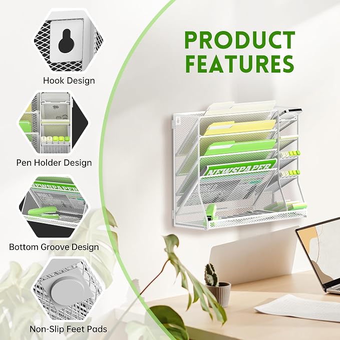 SUPEASY Wall File Organizer, 5-Tier office wall organizer with 4 Pen Holders, Wall Organizer for Office with R-shaped Bottom Tray, Metal Desk Organizer for Office, School, Home, White