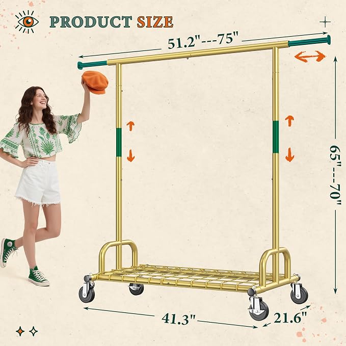 Raybee Heavy Duty Clothes Rack, Gold Clothing Racks for Hanging Heavy Clothes 200+, Rolling Clothing Rack Load 530 LBS, Extendable & Adjustable Portable Commercial Garment Rack with Wheels, Gold