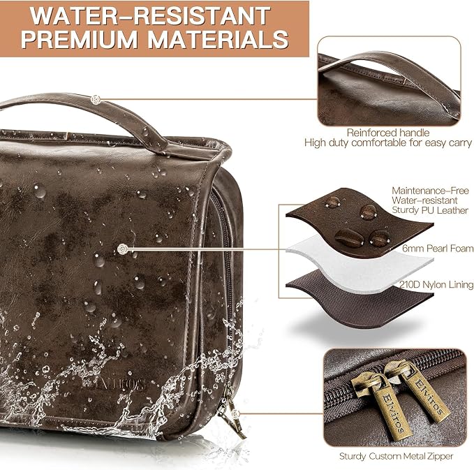 Elviros Hanging Toiletry Bag Removable Travel Bag PU leather Makeup Cosmetic Organizer Kit, Coffee | Removable Travel Organizer Bag for Cosmetics, Toiletries, Makeup Tools, and Daily Essentials with Easy Carry Design
