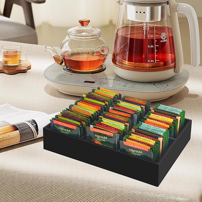 Tasybox Acrylic Tea Bag Organizer, Black Tea Bag Holder, Drawer Organizer | Tea Bag Holder with Removable Dividers, 6 Slot Tea Organizers and Storage for Countertop, Drawer, Pantry, Kitchen, Cabinet