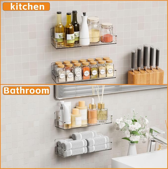 Yieach 4 Pack Clear Spice Rack Wall Mount with Adhesive,11.5″L x 3.6″W,Stick on Seasoning Jar Spice Organization for Cabinet Door or Pantry Door,Adhesive Wall Spice Rack for RV,Kitchen,Inside Cabinets