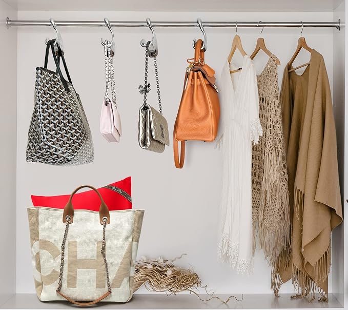 Bag-a-Vie Purse Hanger for Closet - Handbag Organizer Hooks for Hanging Bags & Purses, Protecting Bag Shape & Organizing Space (3 Hangers, Silver Metal)