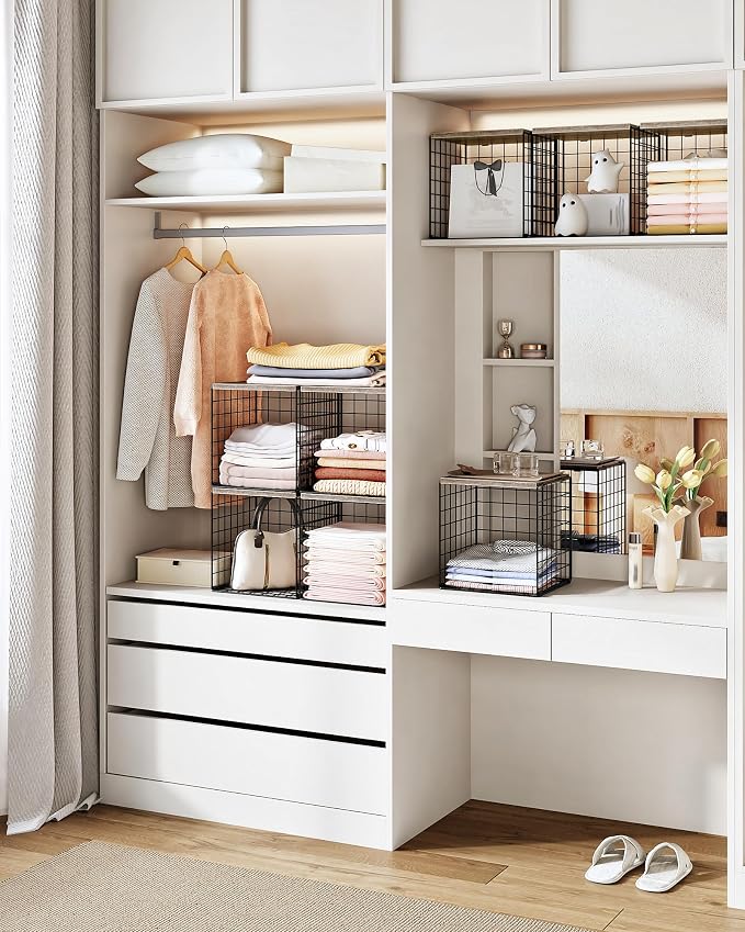 CHOEZON 4-Tier Closet Organizers and Storage, Stackable Storage Bin Baskets with Wooden Upper Surface, Closet Shelves Clothes Storage Cubes for Wardrobe and Closet Organization, Greige and Black