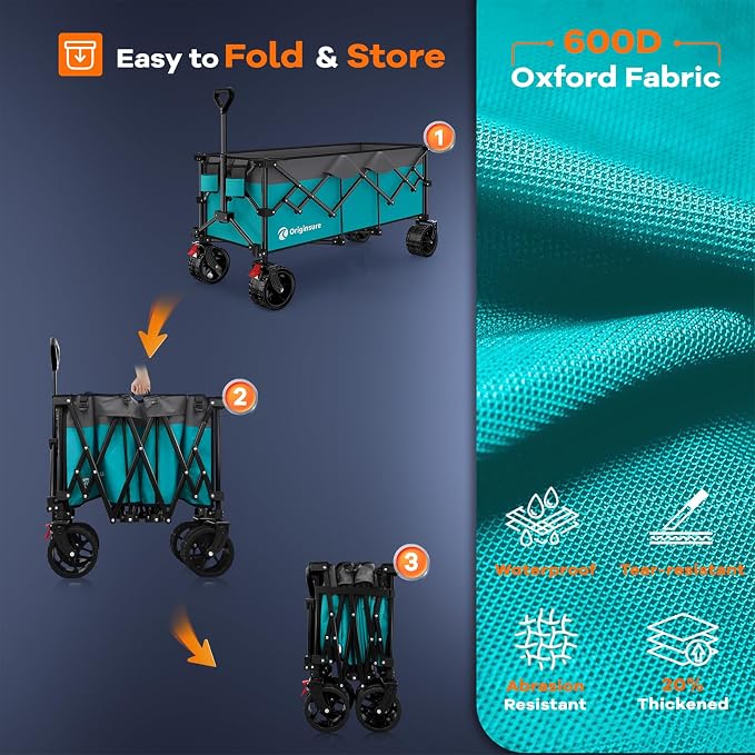 Originsure 48" L Collapsible Wagon Cart Foldable, 560lbs Weight Capacity 300L Heavy Duty Folding Beach Wagons with Big All-Terrain Wheels, Utility Carts for Groceries, Camping, Sports - Grey&Turquoise