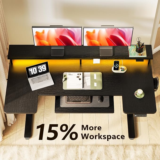 OffiGo 55 Inch U Shaped Electric Standing Desk with Keyboard Tray, Black | 3 Outlets & 2 USB Ports, Monitor Stand, 10 Colors & 10 LED Modes, 3 Presets, 28.3"-46.5"in Range, 154 lb Capacity