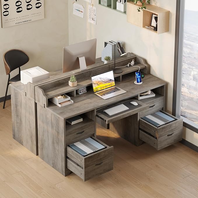 Bestier 59" Executive Desk with Charging Station & Monitor Stand, Grey | Farmhouse Wood Computer Desk with Drawers, Home Office Desk with Keyboard Tray, Sturdy Pedestal Desk for Work Study