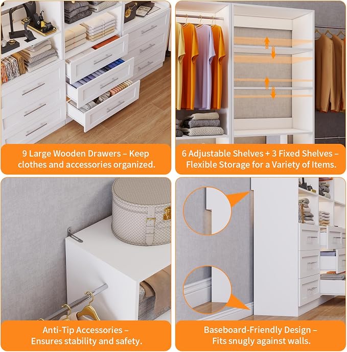 Closet System with 3 Sets, 6–20 FT Closet System with 9 Drawers, 9 Shelves & 7 Adjustable Hanging Rods, Max 244.3" Closet Organizer Systems for Walk-in Closets, Modular Custom Closet Tower, White