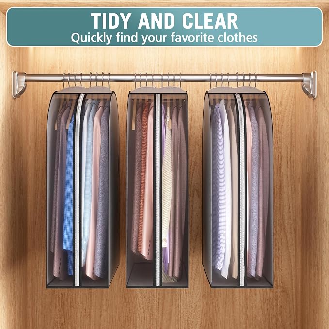 Liuoud 10" Gusseted Garment Bags for Hanging Clothes 32" Suit Bags for Open Closet Storage, Side Clear Clothing Cover for Coat, Dress, Jacket, Shirt, Fur Wardrobe Protector, 3 Packs, Grey