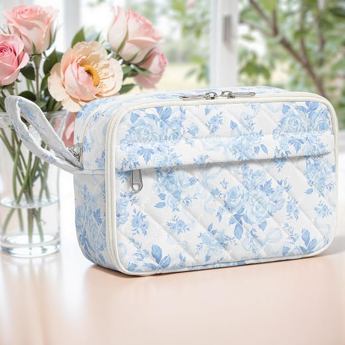 WOBAGMEN Quilted Pencil Pouch for Girls Women, Large Pencil Case Pouch with Compartments Cute Aesthetic Pencil Case Organizer, Floral Pencil Bag for School Supplies (Blue Floral Bow)