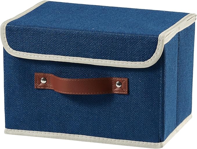 Storage Boxes with Lid Cotton Linen Fabric Storage Bins Organizer Container Decorative Collapsible Washable Shelf Baskets Faux Leather Handles for Home Bedroom Closet (Deep Blue, Small)