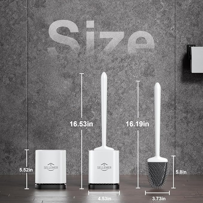 Sellemer Toilet Brush and Holder Set - Flexible Toilet Bowl Brush Head with Silicone Bristles, Compact Size for Storage and Organization, Ventilation Slots Base (1 Pack, Pearl White)