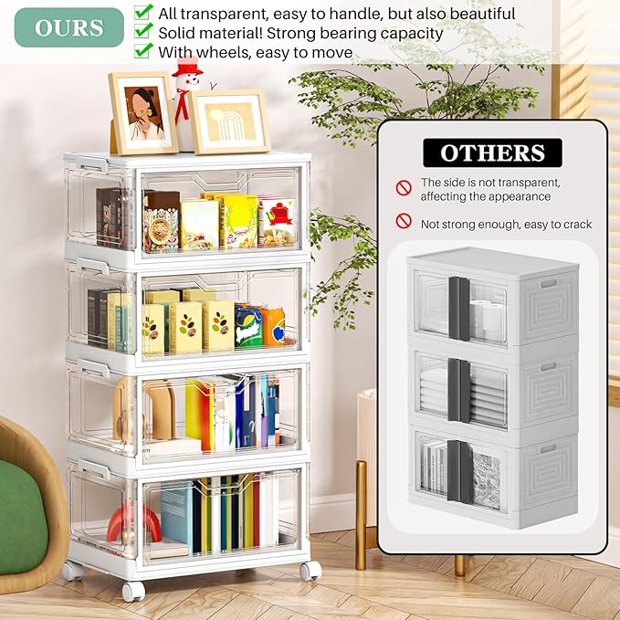Kmiectse Clear Storage Bins with Lids,4 Tier Plastic Bins with Wheels,Stackable Storage Bin,Closet Organizers Box for Bedroom,Living Room,Toy,23 QT Folding Box with Magnetic door