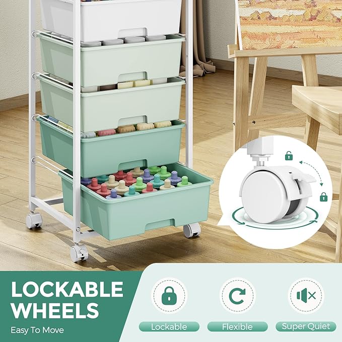 Rolling Storage Cart with 6 Drawers and Wooden Tabletop, Lockable Wheels Utility Cart for Art Studios, Office Supplies & Craft Room Organization (Green)