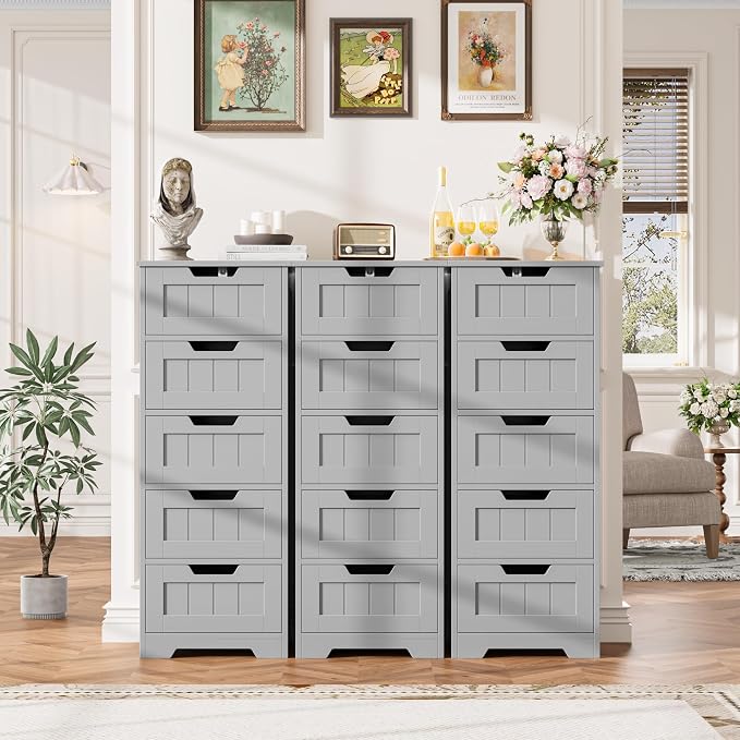 FOTOSOK Bathroom Cabinet, Bathroom Storage Cabinet with 5 Drawers, Wooden Storage Cabinets with Cut-Out Handles, 11.8” x 15.7” x 40.1” Bathrooms Floor Cabinets for Hallway/Living Room, Grey
