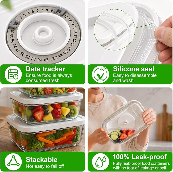 Vacuum Seal Containers,3pcs Glass Vacuum Seal Containers for Food Storage | Food Container Sets with Date Tracking Lid,Stackable Vacuum Containers for Leftovers, Meal Prep, Fridge,Freezer & Pantry