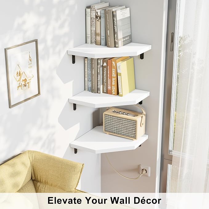 Alsonerbay Pine Wood Corner Shelves with Cable Cutout 3-Pack, White | Diamond-shaped, cable management, 40 lbs/shelf, 0.79" thick pine, L-shaped metal brackets, for router & media devices