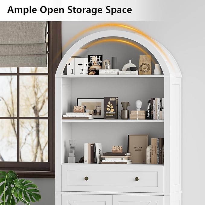 71" Tall Arched Bookshelf, 5-Tier Bookcase with Drawer, Farmhouse Storage Book Shelf with Open Shelves for Living Room, Dining Room, White