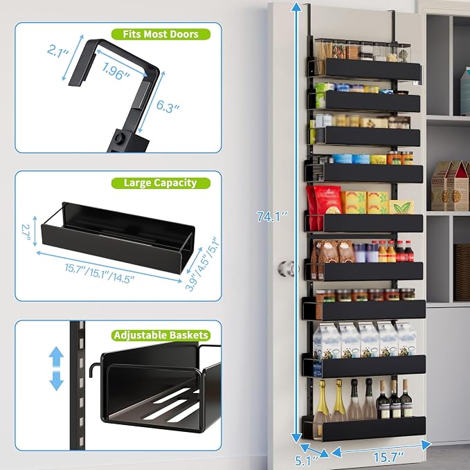 9-Tier Over Door Pantry Rack, Heavy Duty Metal Spice Organizer Shelf for Kitchen, Black