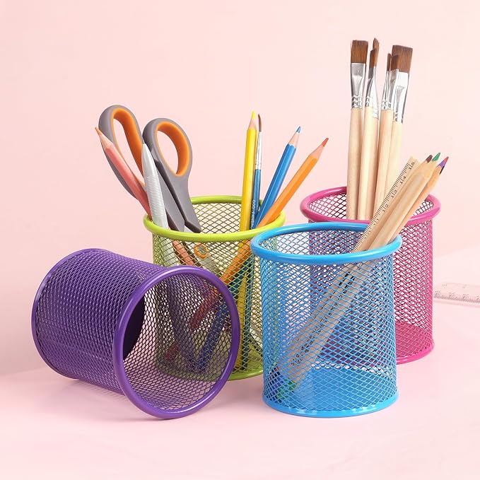 Tamaki Pen Holder Cup for Desk, Wire Mesh Pencil Cup Holder, Pink | Pen Cup for Desk Office Pen Organizer