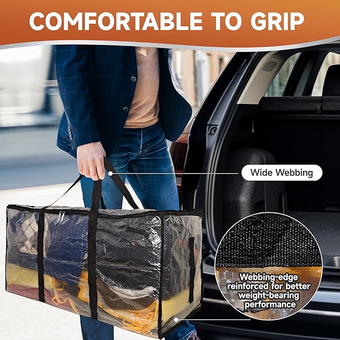 CONGREGATE 4 Pack Extra Large Moving Bags with Zippers and Carrying Handles, Heavy-Duty Storage Tote Moving Boxes for Space Saving, Semi-Transparent 97L/25.6Gal (28.7"x13.7"x15")