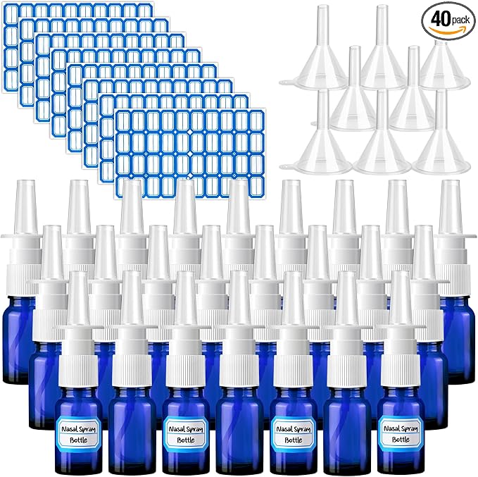 40 Pcs Nasal Spray Bottle, 10ML/0.35OZ 24 Pcs Refillable Glass Blue Nasal Spray Bottles Empty with 8 Funnels and 8 Labels