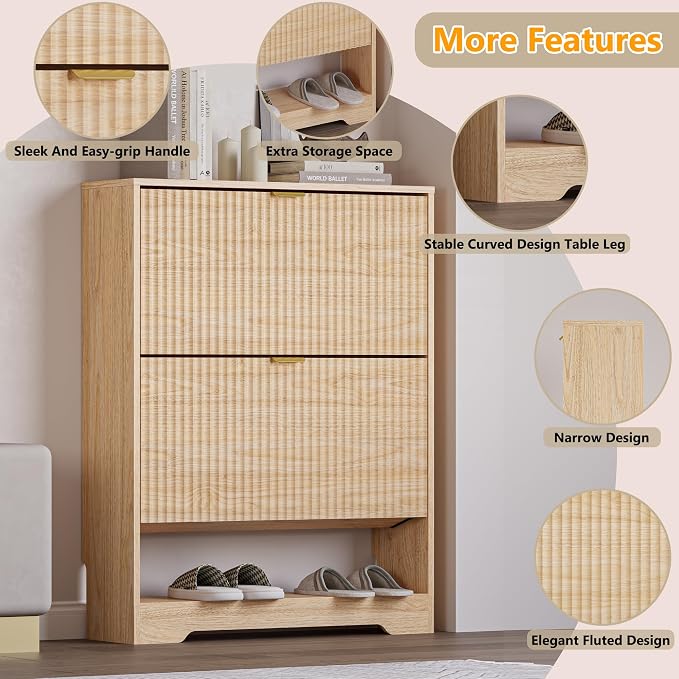 BORNOON Shoe Cabinet with 2 Flip Drawers, Fluted Shoe Storage Cabinet with Adjustable Shelves, Freestanding Rack and Organizer for Entryway, Hallway
