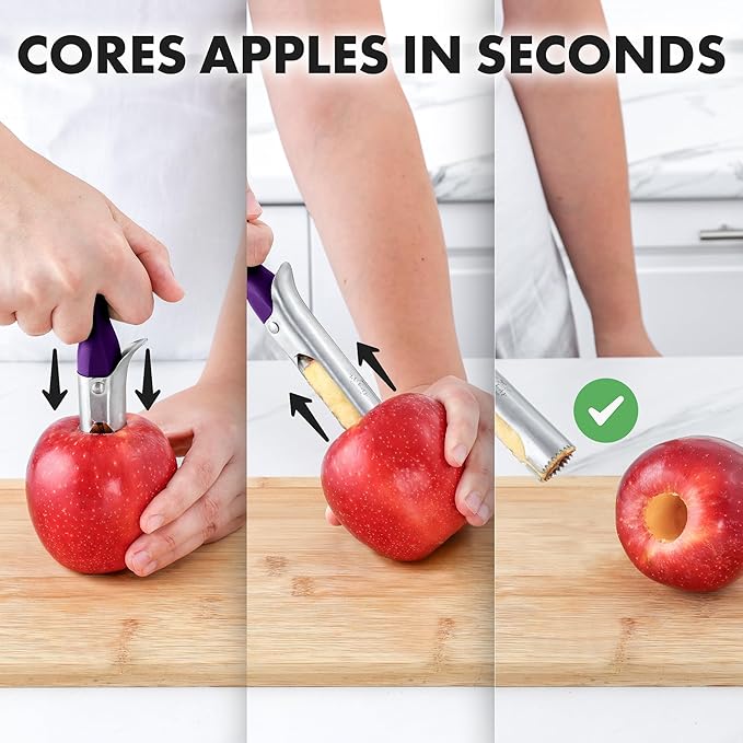 Zulay Kitchen Ultra Sharp Apple Corer Tool - Stainless Steel, Sharp & Serrated Blade Cores in Seconds - Easy to Use & Clean, Durable Apple Core Remover for Apples & Small Fruits - Purple