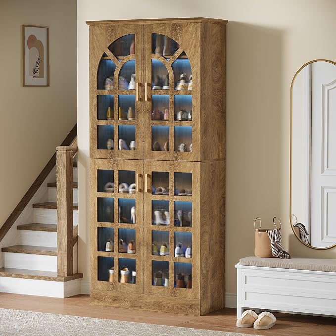 Tribesigns Tall Shoe Cabinet with Doors and Led Lights, 8-Tier Wooden Shoe Rack Organizer with Adjustable Shelves, Narrow Shoe Storage Cabinet for Entryway, Hallway, Living Room, Brown