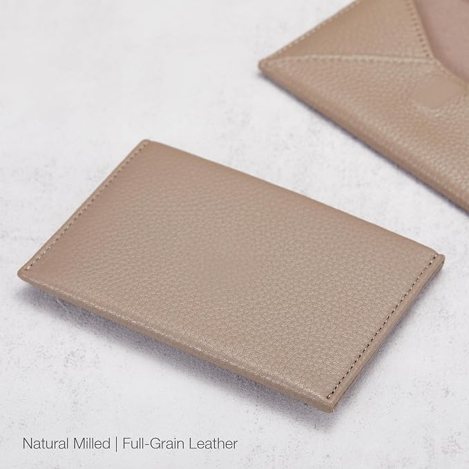 HISCOW Italian Pebbled Leather Business Card Holder, Minimalist Full Grain Envelope Card Case with Hidden Magnetic Closure, 0.19 Inch Slim Front Pocket Wallet for Men and Women, Taupe Grey