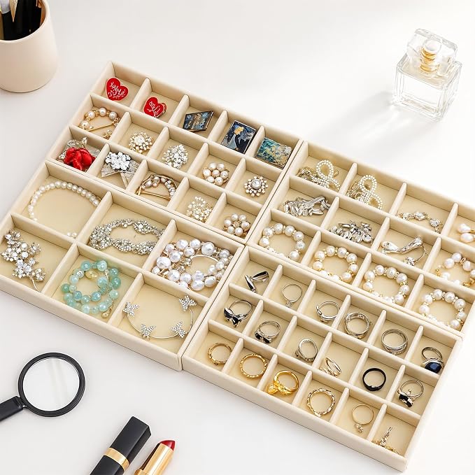 Jewelry Organizer Trays Set of 9, Velvet Lined Stackable Jewelry Trays for Drawers with Adjustable Dividers, Earring Organizer Storage, Beige 8.3 x 4.9 x 1 Inches