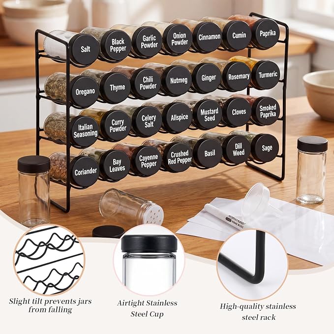 FoldTier Spice Rack Organizer with 28 Spice Glass Jars, 56 Labels, Funnel and Marker Set, Complete Countertop Seasoning Rack Organization for Cabinet, Kitchen Storage, Pantry, Cupboard(Black)