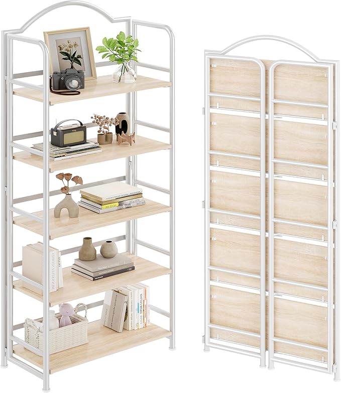 Folding Bookshelf 5 Tiers, No Assembly,Vintage Storage Rack Shelves,White | Vintage Bookcase Multifunctional Plant Flower Stand, Storage Shelves Organizer for Home Office,Living Room,Dorm