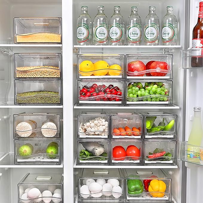2 Pack Fruit Storage Containers for Fridge, Stackable Refrigerator Organizers with Strainer Layer，Reusable Storage Containers Clear Fridge Drawer for Produce,Vegetable in Kitchen,Fridge,BPA-Free