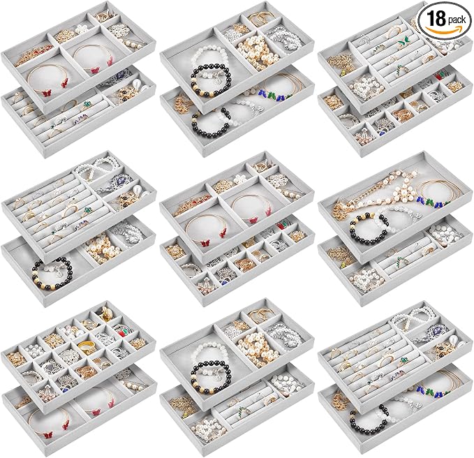 Junkin 18 Pcs Jewelry Drawer Organizer Inserts, Stackable Jewelries Inserts for Dresser Drawers, Drawer Insert Organizers Velvet Jewelry Trays for Rings Earring Bangle Necklace(Gray)