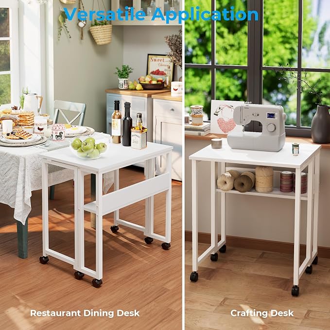 GreenForest Folding Desk with Wheels, 24.8" Rolling Table for Small Spaces | Storage Shelf, Lockable Casters, Compact Portable Workstation, Space-Saving Foldable Sofa Table, Home Office, Mobile, White