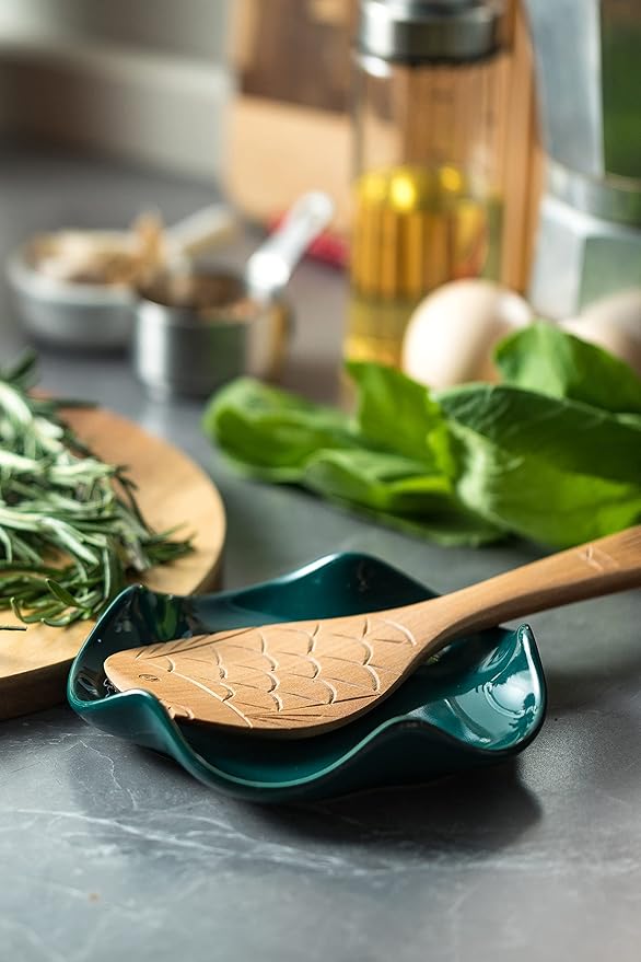 Miamolo Ceramic Spoon Rest for Kitchen Counter, Spoon Holder for Stove Top Coffee Bar, Cooking Utensil Holder, Cute Flatware Rests Heat Resistant & Dishwasher Safe for Housewarming Gifts, Dark Green