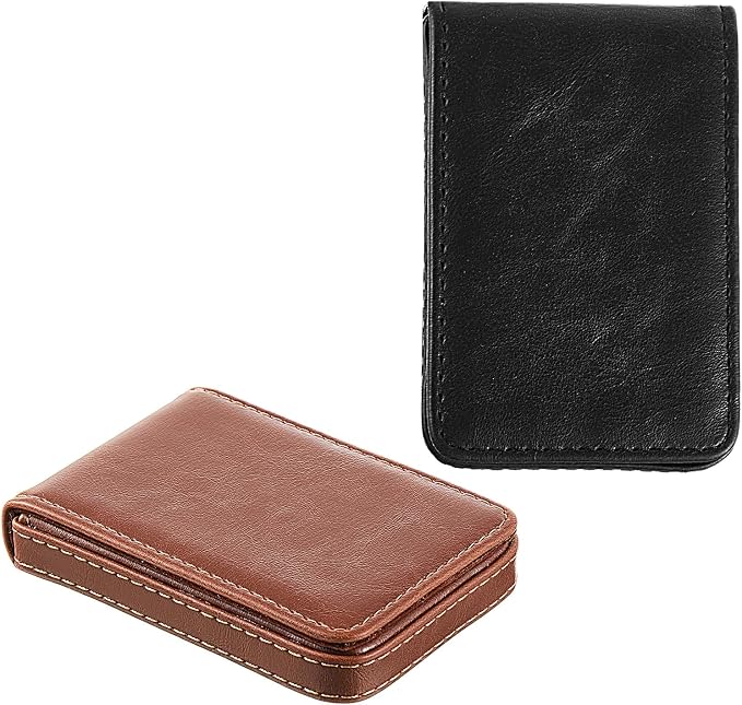 Outus 2 Pcs Business Card Holder, PU Leather Business Card Case Pocket Wallet with Magnetic Shut for Men Women(Black and Light Coffee,Classic)