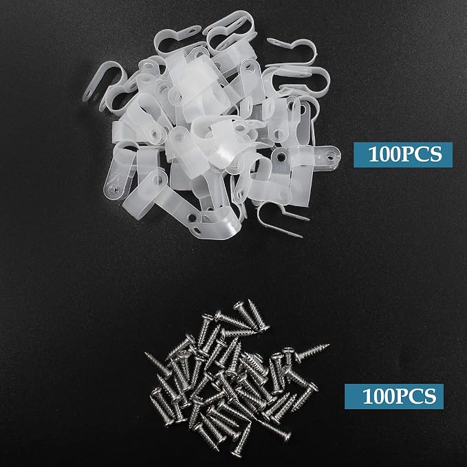 3/8 Inch R-Type Clip Clamp, 100 Pcs | Nylon P-Type Mounting Clips, Cable & Wire Management, Stainless Steel Screws Included
