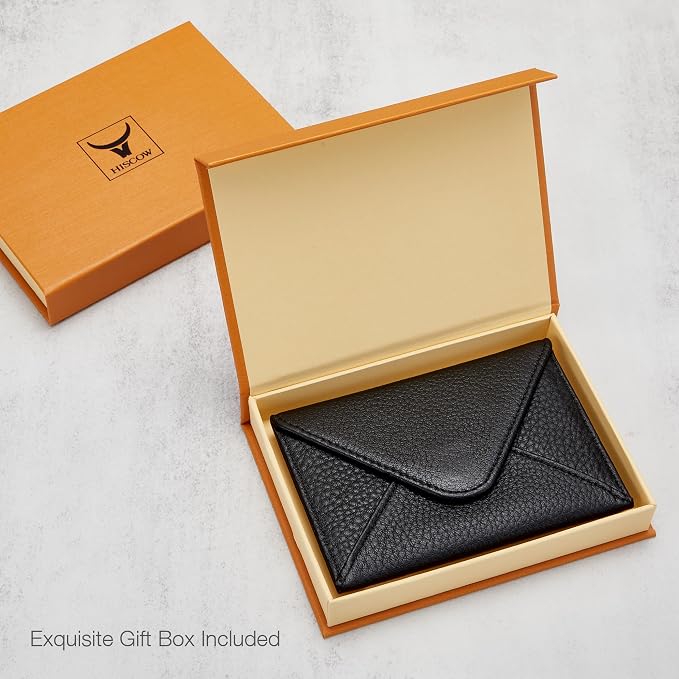 HISCOW Italian Pebbled Leather Business Card Holder, Minimalist Full Grain Envelope Card Case with Hidden Magnetic Closure, 0.19 Inch Slim Front Pocket Wallet for Men and Women, Nero Black