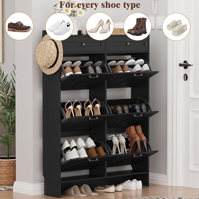 Thacuok Shoe Cabinet with 6 Flip Drawers & 2 Storage Drawers, Rustic Farmhouse Narrow Shoe Organizer Cabinet, Slim Shoe Rack Cabinet, Shoe Storage Cabinet for Entryway, Hallway, Front Door