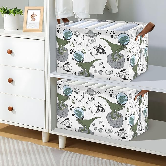 Outer Space Rocket and Dinosaur Storage Basket Foldable Cube Storage Bins with Handles&Label Waterproof Collapsible Organizer Box Bin Large Rectangle Decorative Baskets for Shelves Home Room Laundry