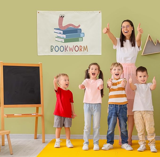 Classroom Wall Flag Decor-Teacher Gift-Inspirational Back to School Wall Banner Decor-Bookworm-Hanging Rectangular Canvas Banner for Classroom Teacher Office Reading Corner-28.5x20 Inches