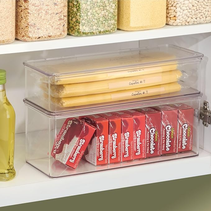 iDesign Plastic Stackable Hinged-Lid Storage Box, Clear | For Kitchen, For Bathroom, For Office